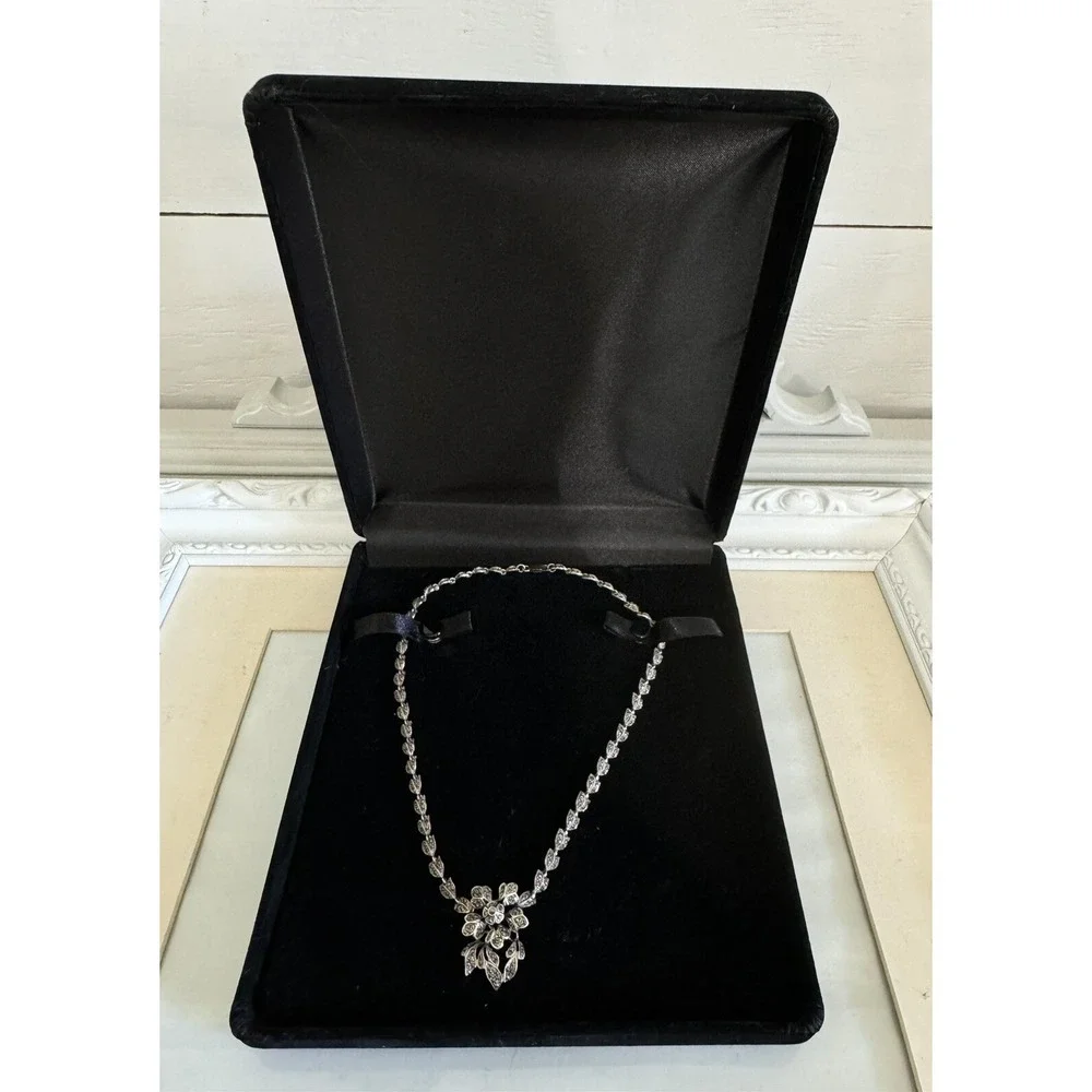 Vintage .925 Sterling Silver Marcasite Flower Pendant Choker 17" Necklace NF - Picture 4 of 10